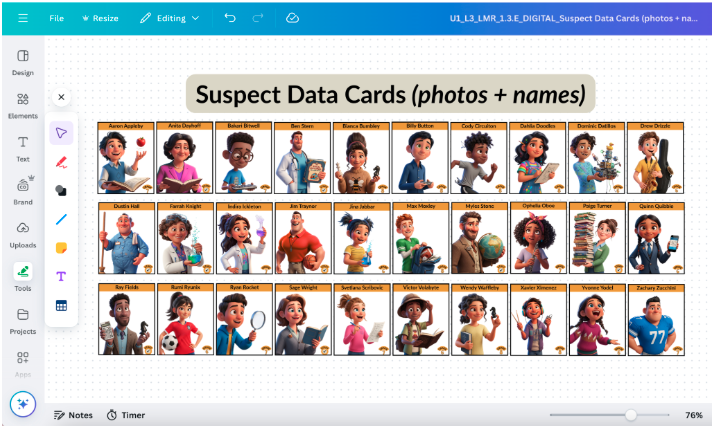 Suspect Data Cards photos and names